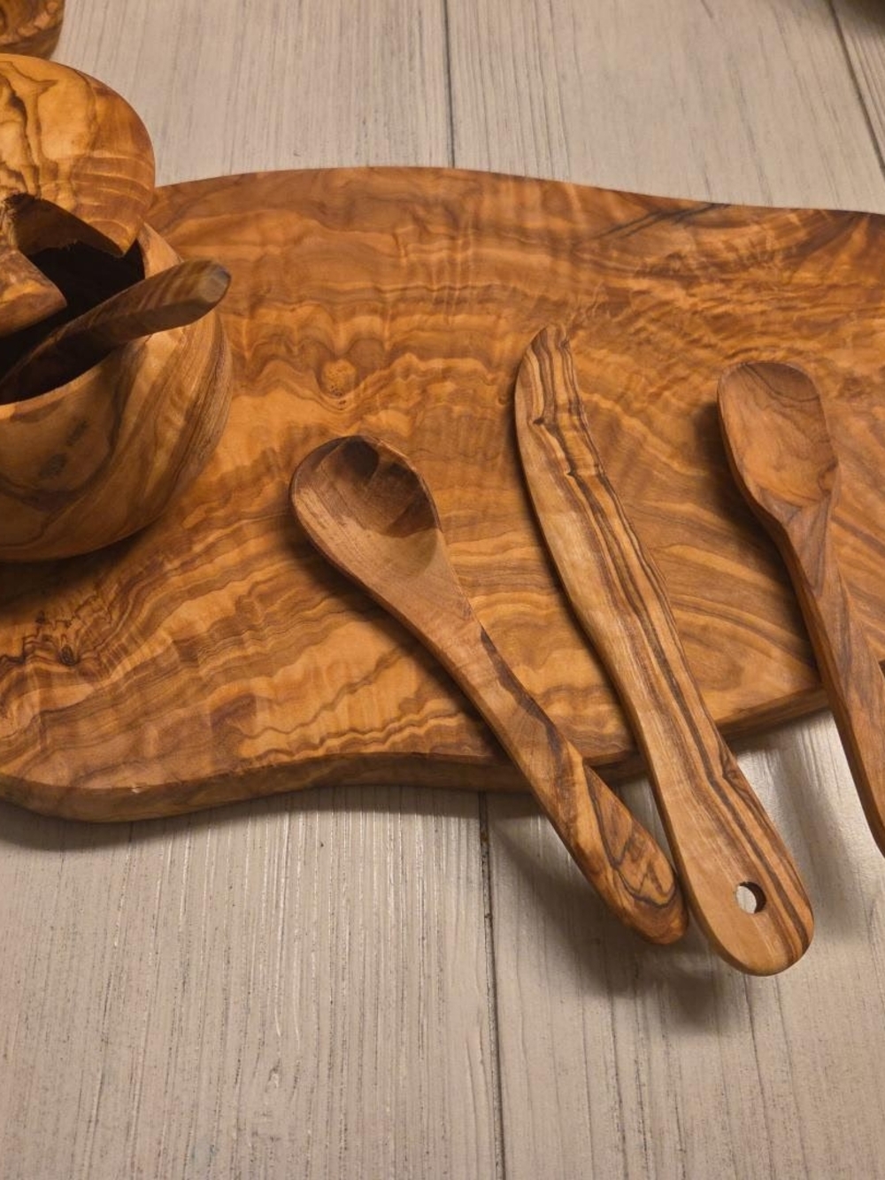 Handcrafted Olive Wood Serving Board and Spoon Set - Natural Brown